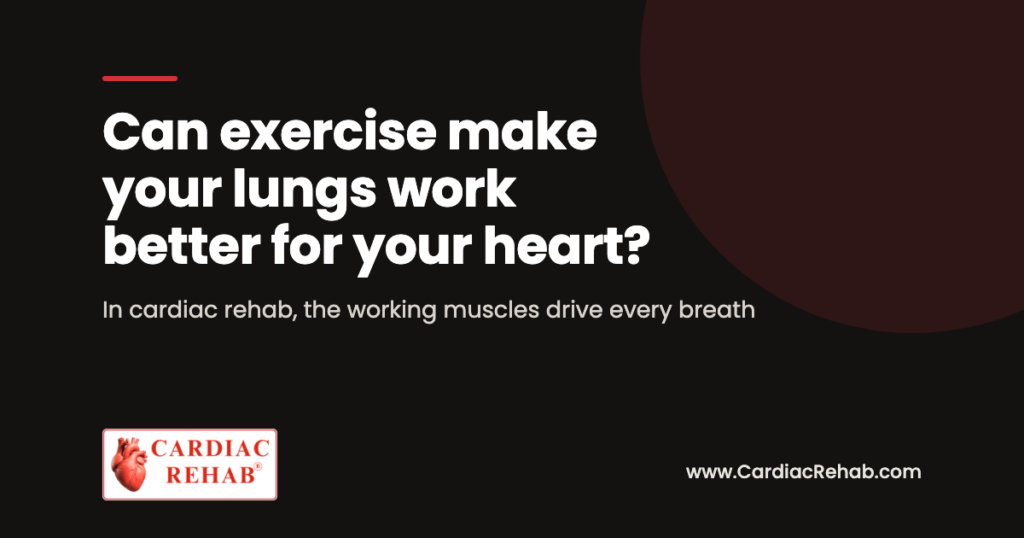 The words Can exercise make your lungs work better for your heart, on a dark background with the Cardiac Rehab logo