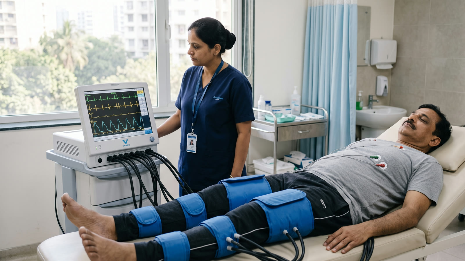 A man lies still on a padded bed with blue air cuffs on his legs while a nurse watches the EECP machine.