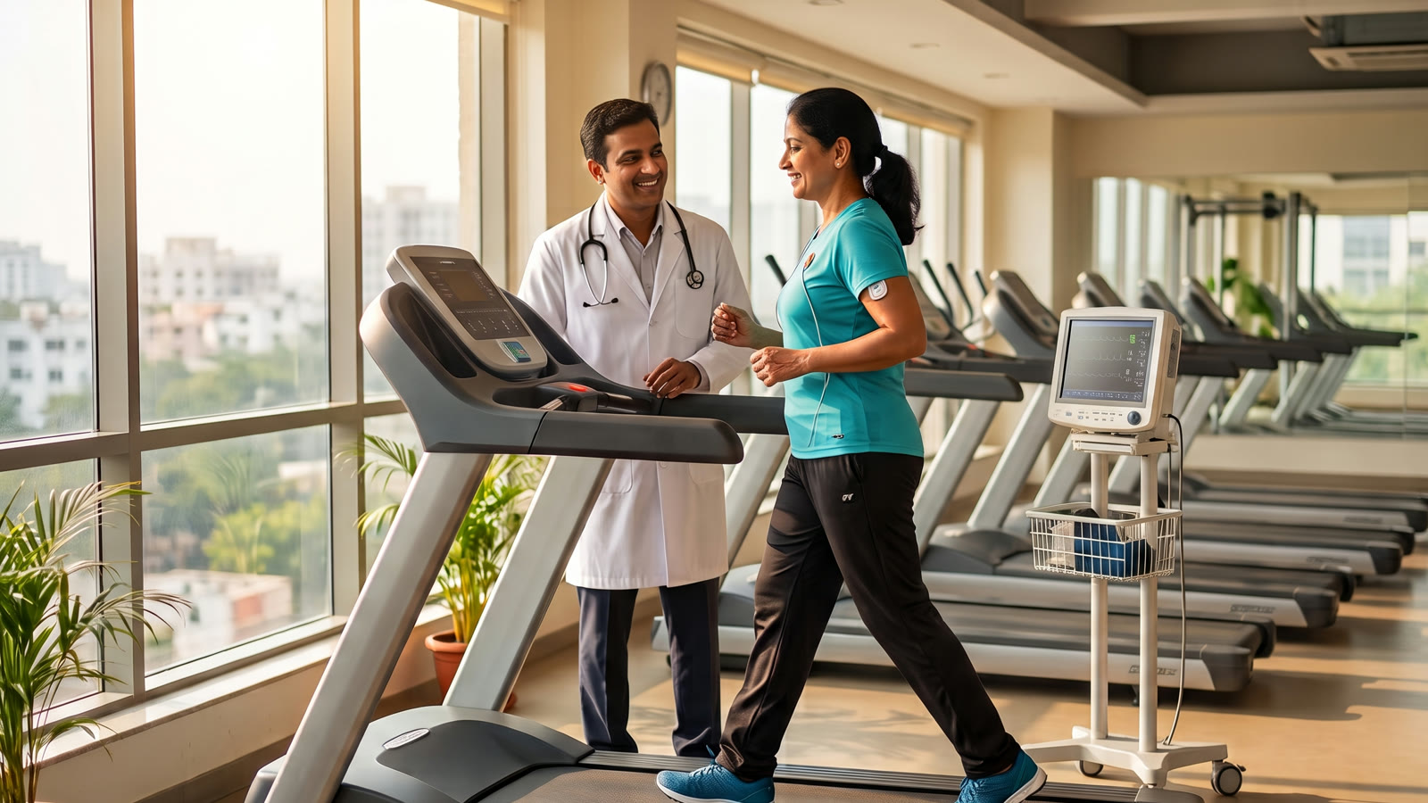 A woman walks on a treadmill under physician supervision, talking with the physician beside her.