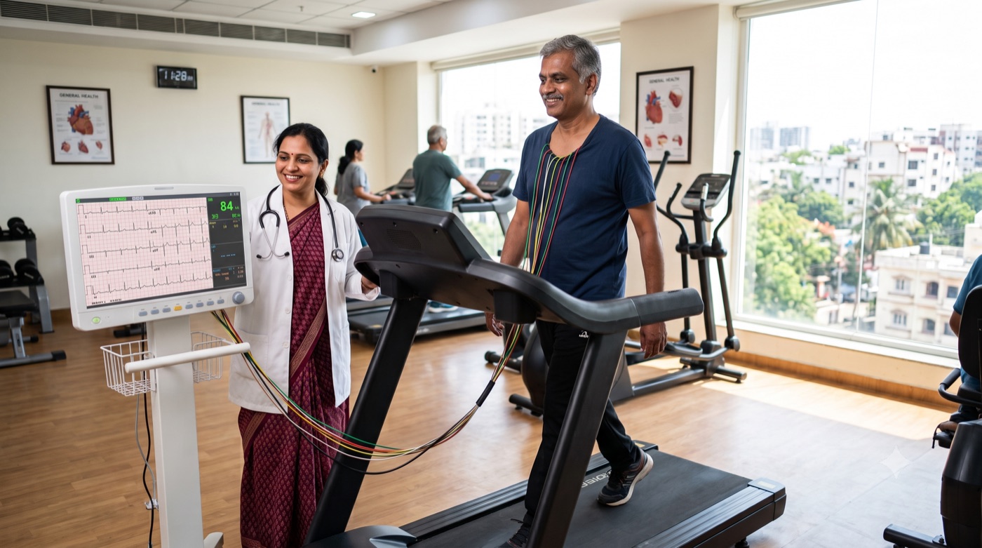 A doctor watches a 12-lead heart monitor while a man walks on a treadmill
