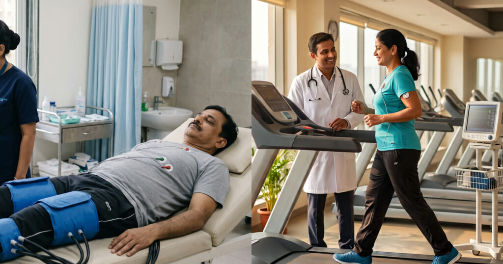 Left: a man lies still with air cuffs on his legs (EECP). Right: a woman walks on a treadmill under physician supervision (cardiac rehab).