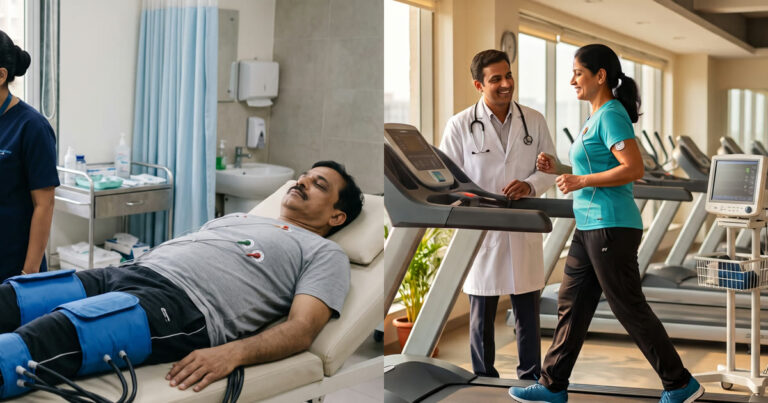 Left: a man lies still with air cuffs on his legs (EECP). Right: a woman walks on a treadmill under physician supervision (cardiac rehab).