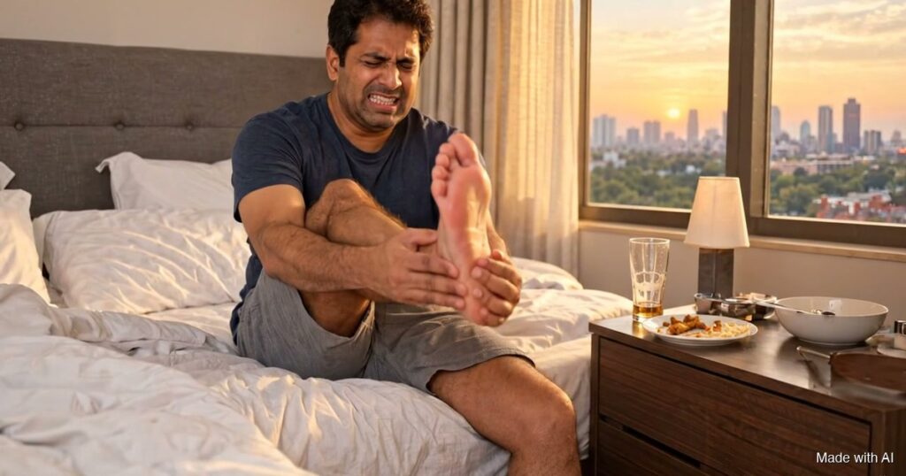 A man sitting on his bed at sunrise holding his red, swollen big toe the morning after a party. Made with AI.