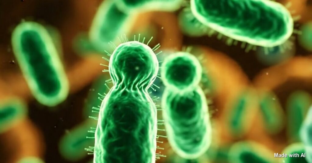 Close-up of green gut bacteria seen as if under a microscope. Made with AI.