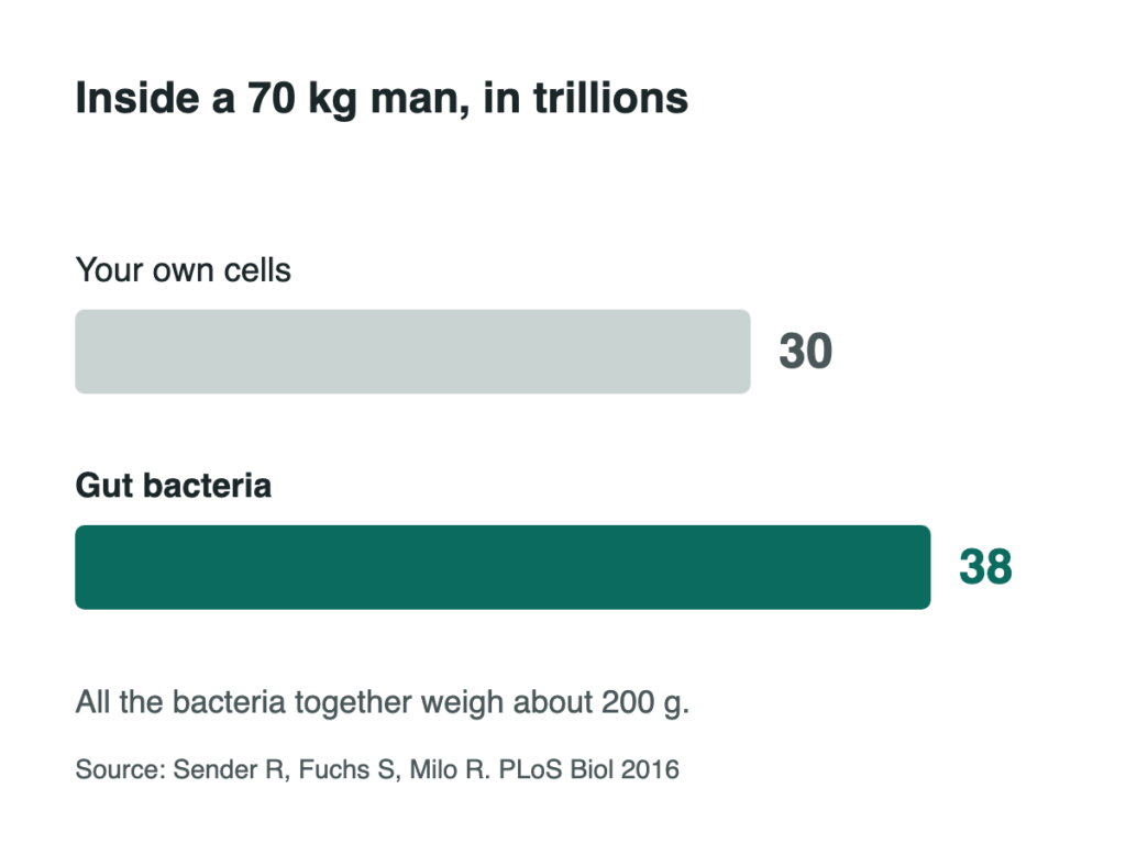 Bar chart: about 30 trillion of your own cells next to about 38 trillion gut bacteria (Sender 2016).