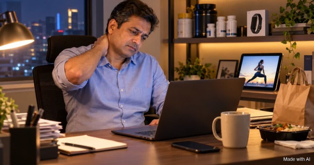 A tired office worker rubs his neck at a desk at night, with supplements and fitness gadgets behind him. Made with AI.