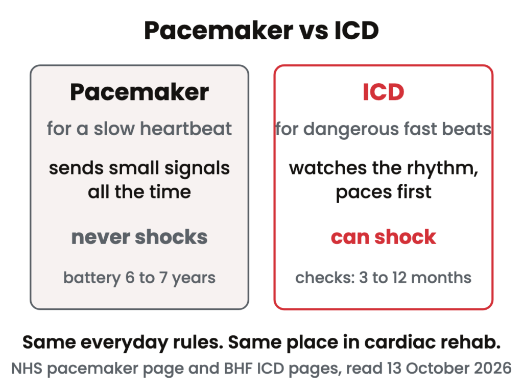 Two boxes: a pacemaker, for a slow heartbeat, sends small signals and never shocks; an ICD, for dangerous fast rhythms, paces first and can shock