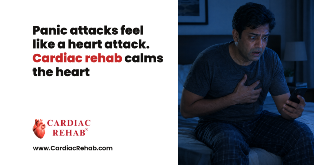 A man in bed at night holding his chest, beside the title words and the Cardiac Rehab logo