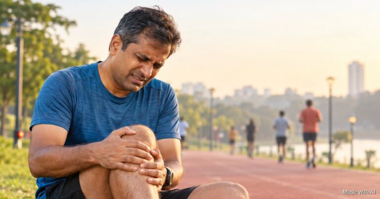 A runner sits on the edge of a park track holding his knee in pain. Made with AI.
