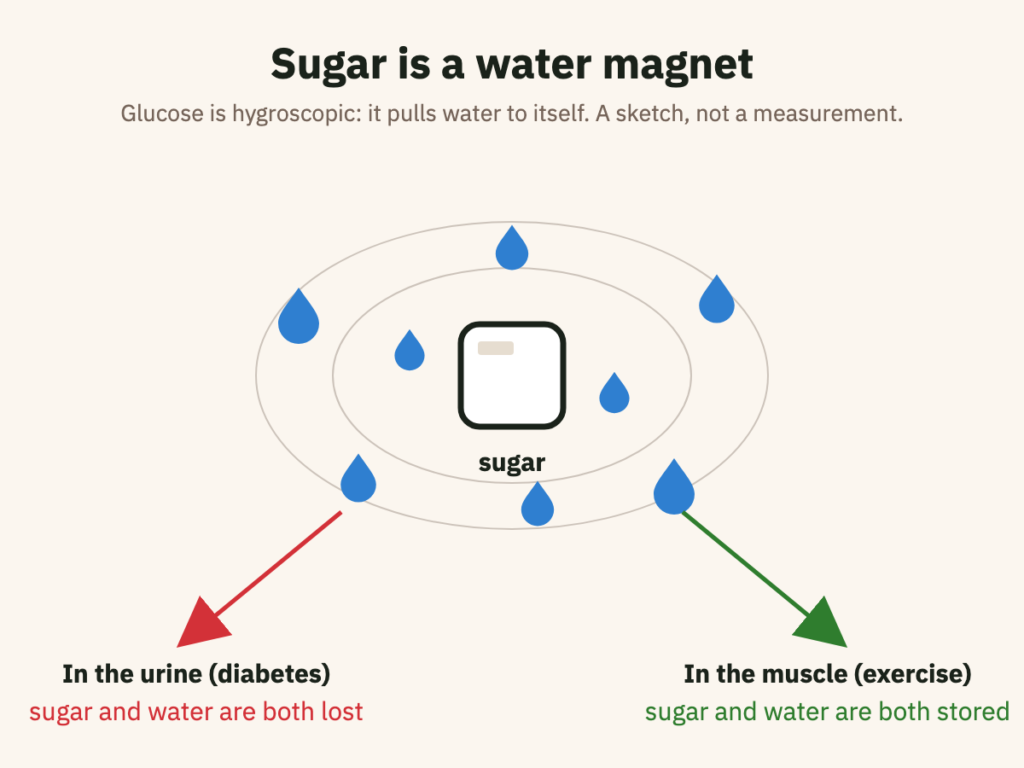 Diagram: a sugar cube with water drops drawn in towards it; in the urine both are lost, in the muscle both are stored.