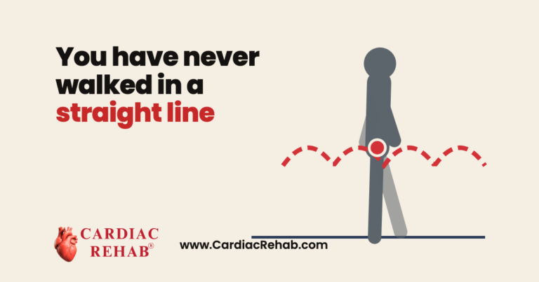 A grey walker on a cream background with a red dashed wave through the hips, the words you have never walked in a straight line, and the Cardiac Rehab logo