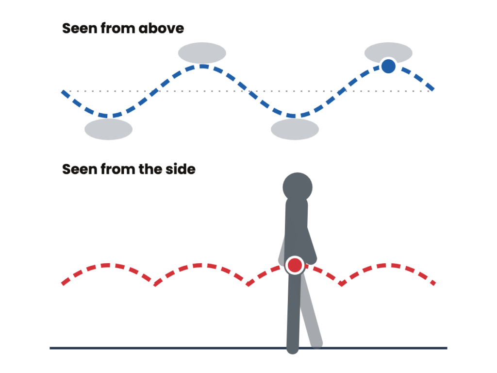 A walker seen from above with a blue wave swaying between the footprints, and the same walker from the side with a red wave rising over each foot.