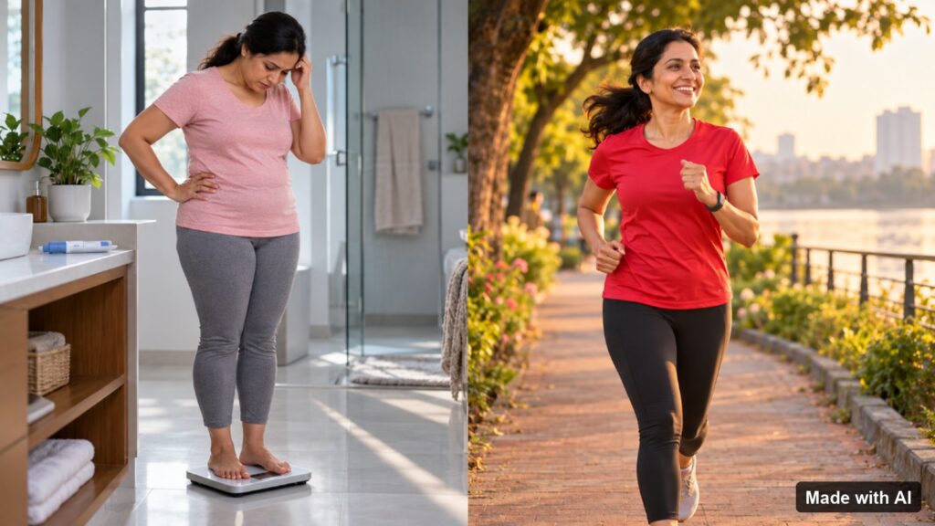 A year later: a worried woman on a scale has regained weight after stopping the injection, while a fit woman smiles on a run.
