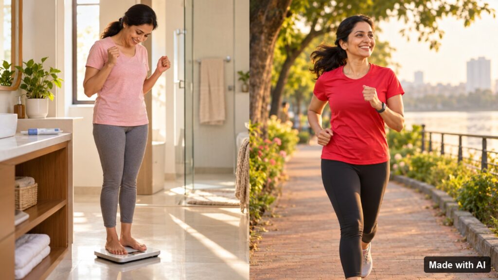 Two women in their 40s who have both lost weight: one at home on a scale with an injection pen nearby, one jogging in a park at sunrise.